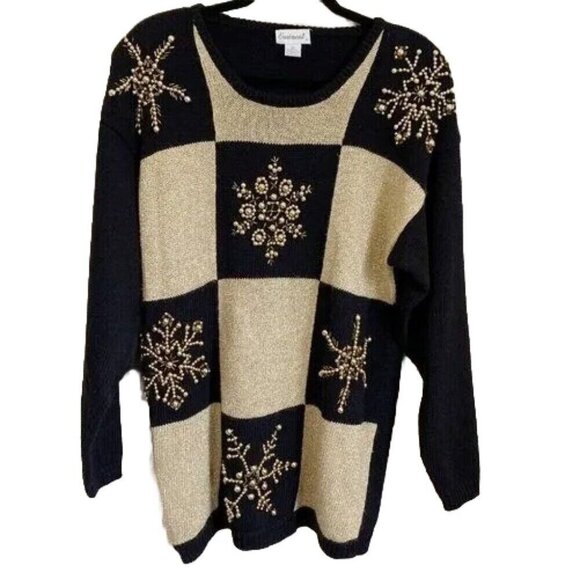 VTG Eminent Christmas Women Sweater Medium Black Gold Intricate Bead Snowflake - Picture 1 of 10
